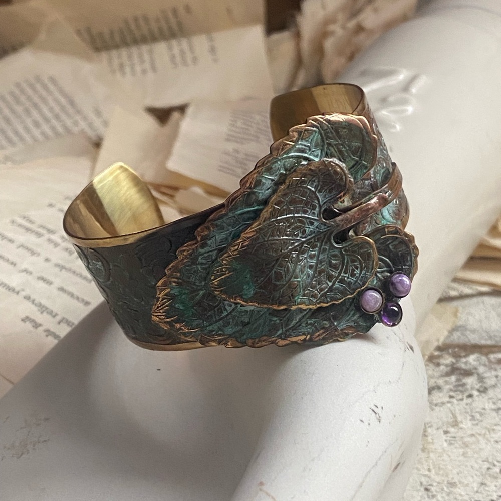 Verdigris Patina Solid Brass Double Leaf Cuff - A… - image 3